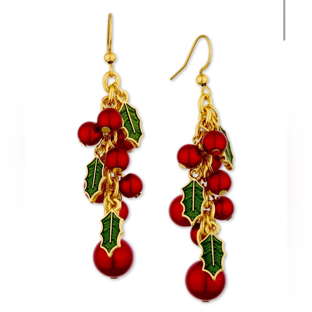 Drop Earrings Gold Tone Red Bead Green Enamel Mistletoe Holiday Lane Gift New - Picture 3 of 9